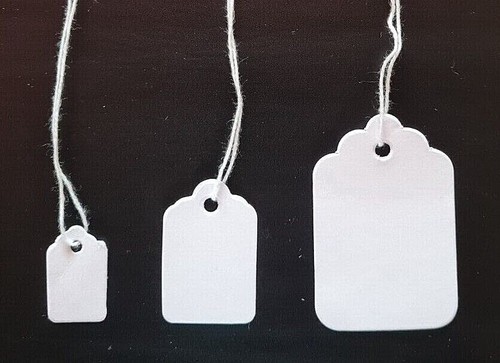 White strung tie tags - strung,